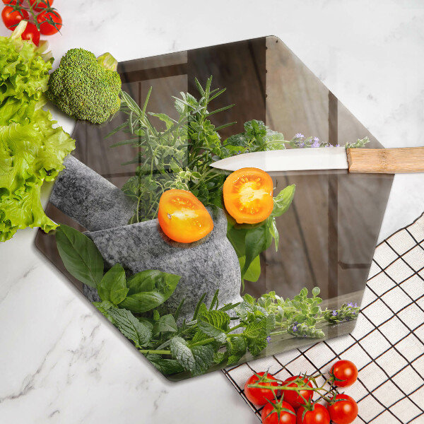 Chopping board Herbs plants and wood