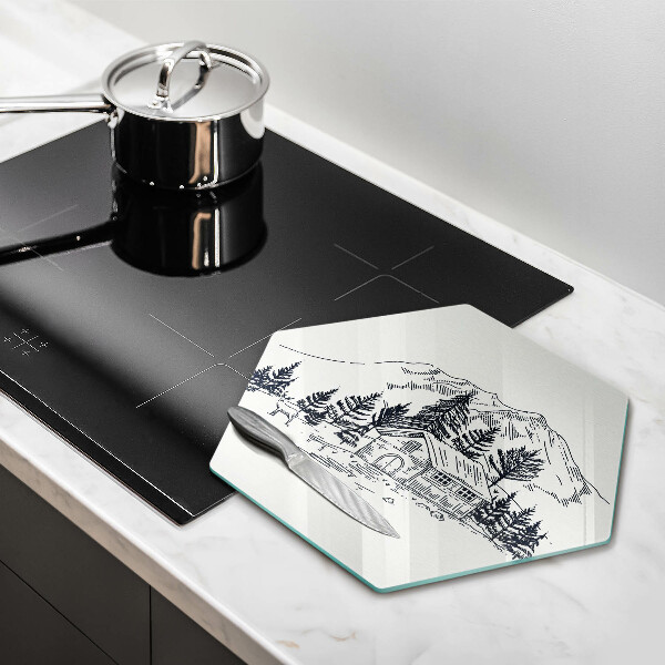 Chopping board Drawing a house in the mountains