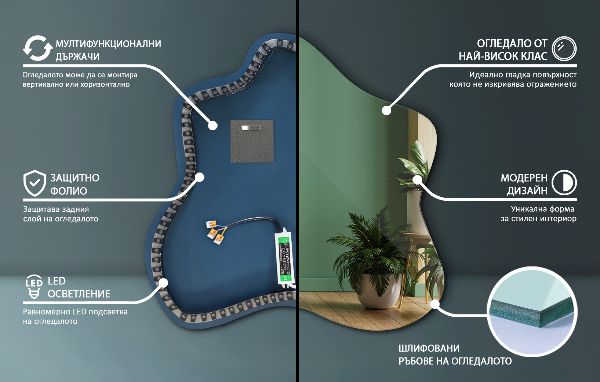 Irregular splash shaped lighted mirror 68x67 cm