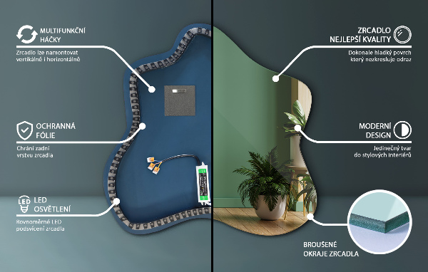 Irregular splash shaped lighted mirror 77x77 cm