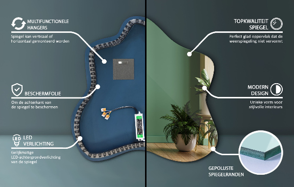 Irregular splash shaped lighted mirror 77x77 cm