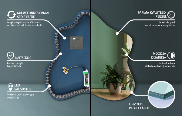 Irregular splash shaped lighted mirror 77x77 cm