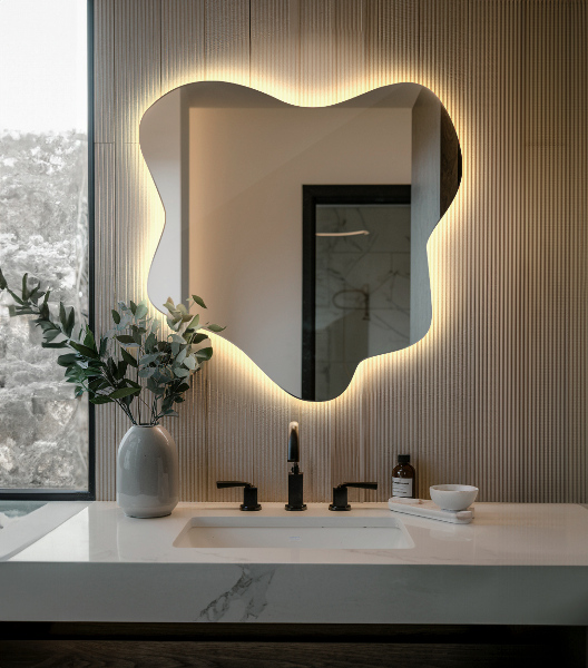 Irregular splash shaped lighted mirror 77x77 cm