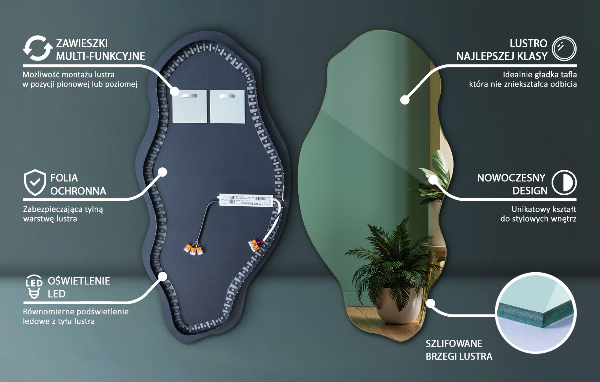 Organic mirror with led lights 50x100 cm