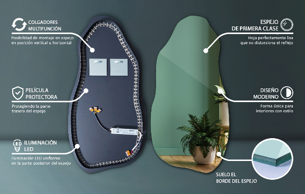 organic mirror with led lights modern 50x100 cm