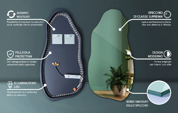 organic mirror with led lights modern 50x100 cm