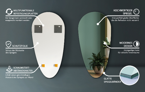 Teardrop shaped mirror without frame 45x90 cm