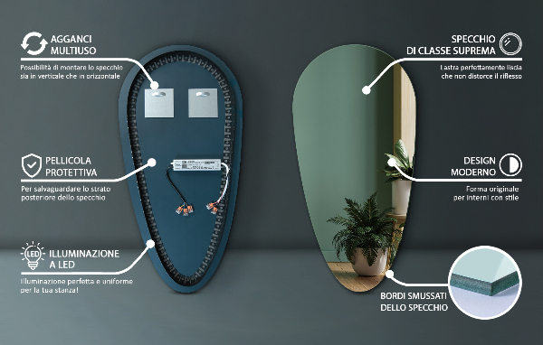 Drop shape mirror with led lights 50x100 cm