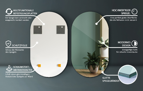 Oval mirror without frame 40x70 cm