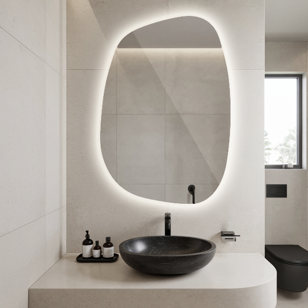 Led backlit mirror pebble shape 91x66 cm