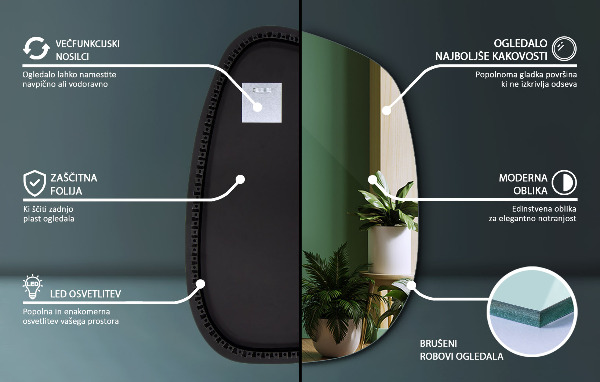 Led backlit mirror pebble shape 91x66 cm