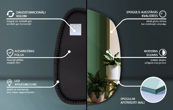 Led backlit mirror pebble shape 91x66 cm