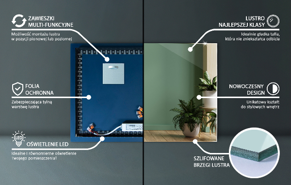 Rectangular led mirror without frame 60x40 cm