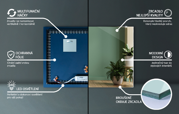 Rectangular led mirror without frame 60x40 cm