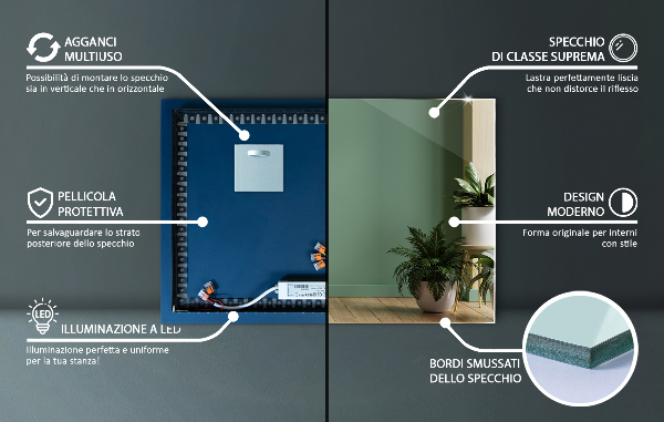 Rectangular led mirror without frame 60x40 cm