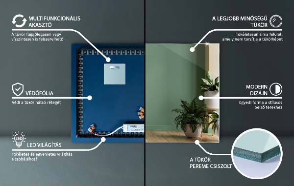 Rectangular led mirror without frame 60x40 cm
