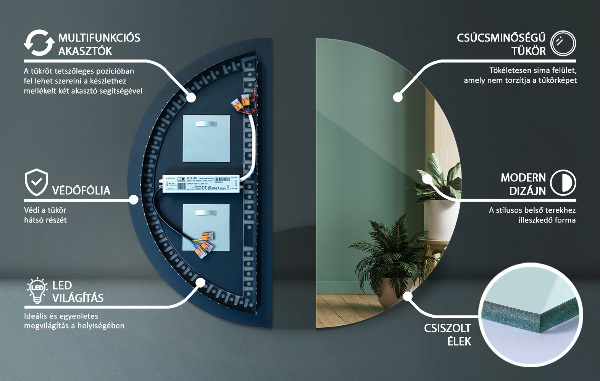 Half-circle led light mirror 25x50 cm