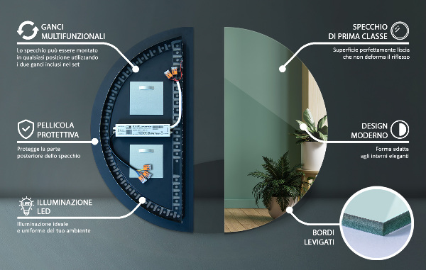Led semi-circular mirror 30x60 cm