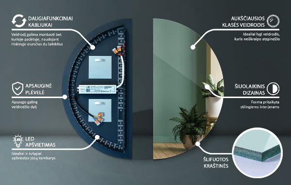 Led semi-circular mirror 30x60 cm