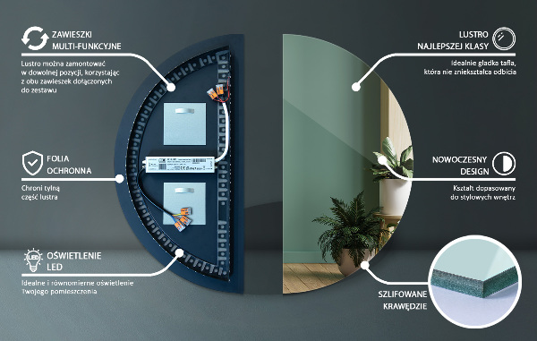Half circle wall mirror with lights 50x100 cm