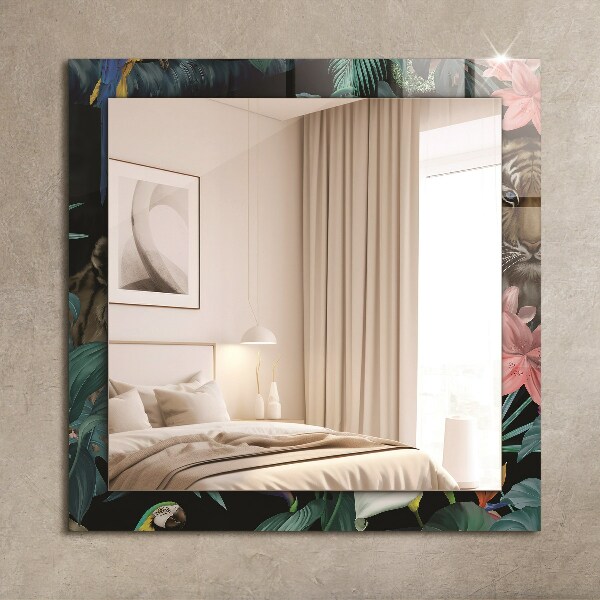 Mirror frame with print Parrots with a tiger in the jungle