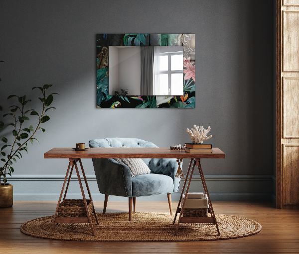 Mirror frame with print Parrots with a tiger in the jungle