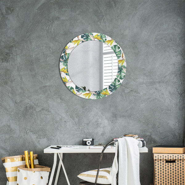 Round printed mirror Tropical leaves