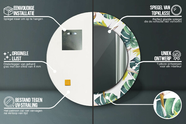 Round printed mirror Tropical leaves