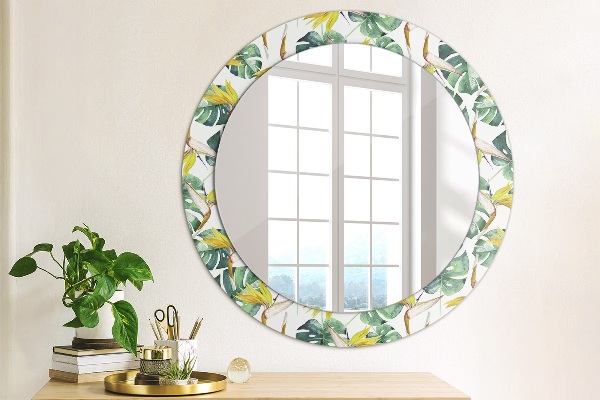 Round printed mirror Tropical leaves