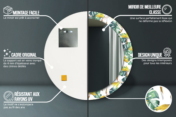 Round printed mirror Tropical leaves