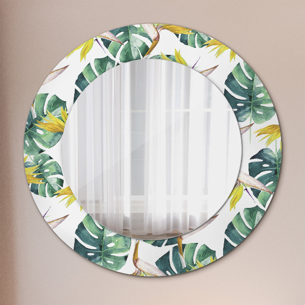 Round printed mirror Tropical leaves