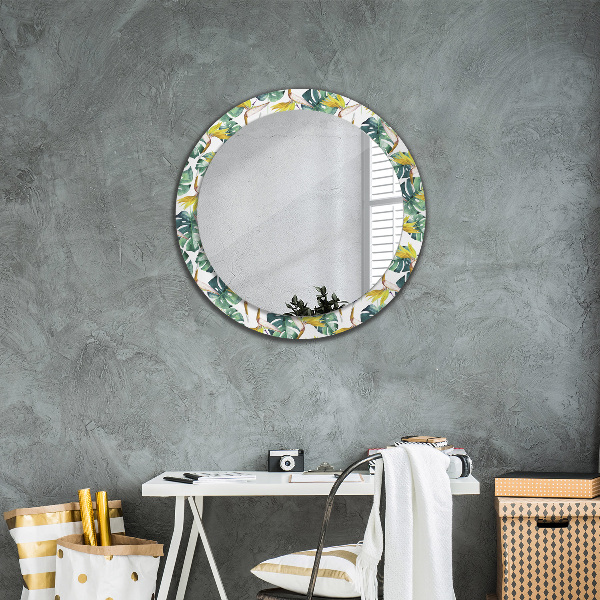 Round printed mirror Tropical leaves
