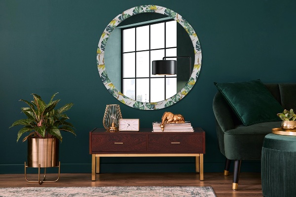 Round printed mirror Tropical leaves