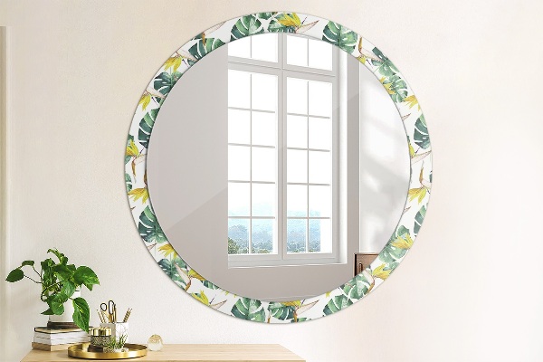 Round printed mirror Tropical leaves
