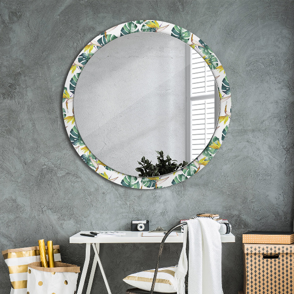 Round printed mirror Tropical leaves