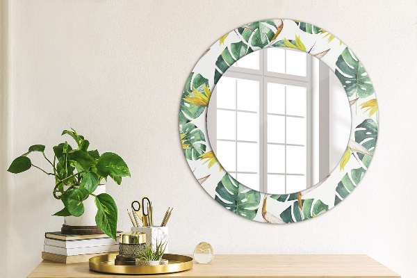 Round printed mirror Tropical leaves