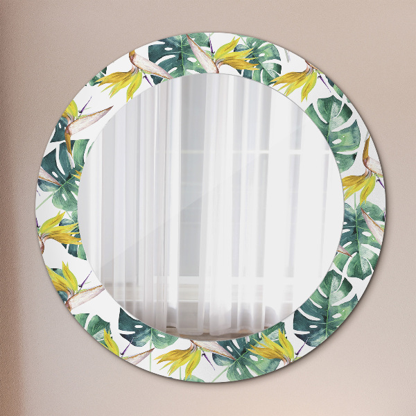Round printed mirror Tropical leaves