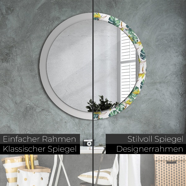 Round printed mirror Tropical leaves