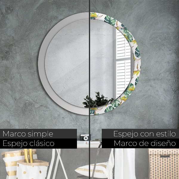Round printed mirror Tropical leaves