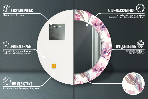 Round mirror frame with print Peonies flowers