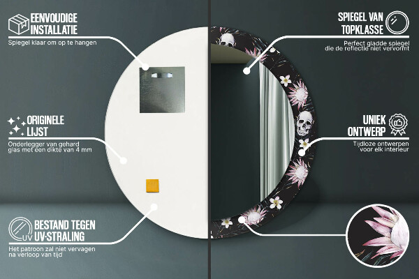 Round decorative mirror Skull flowers