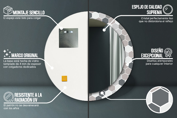 Round mirror frame with print Hexagonal pattern