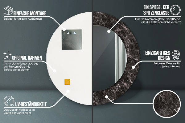 Round mirror frame with print Black marble