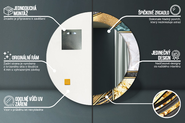 Round printed mirror Agat and gold marble