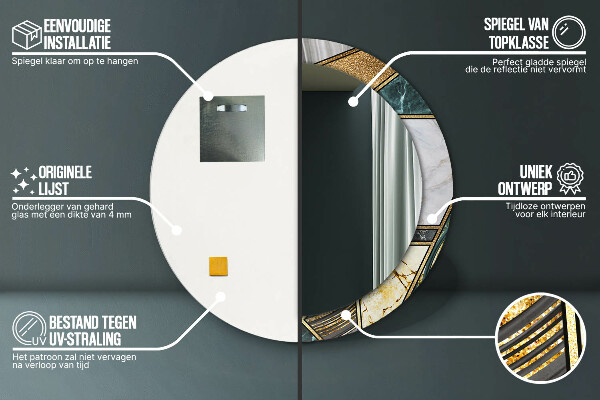 Round printed mirror Agat and gold marble