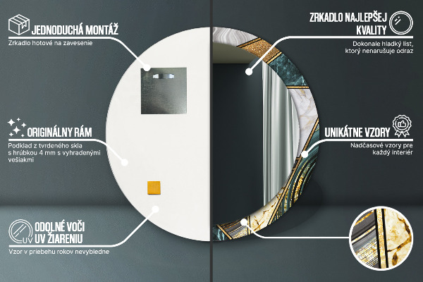 Round printed mirror Agat and gold marble