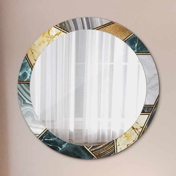 Round printed mirror Agat and gold marble