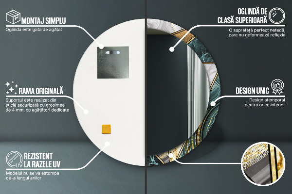 Round printed mirror Agat and gold marble