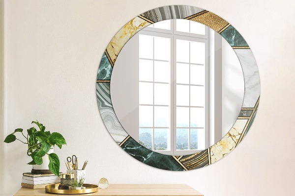 Round printed mirror Agat and gold marble