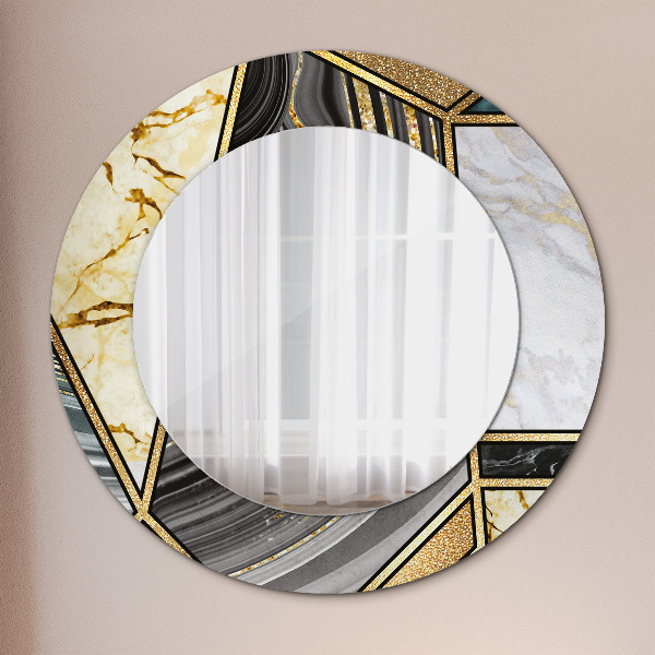 Round printed mirror Agat and gold marble